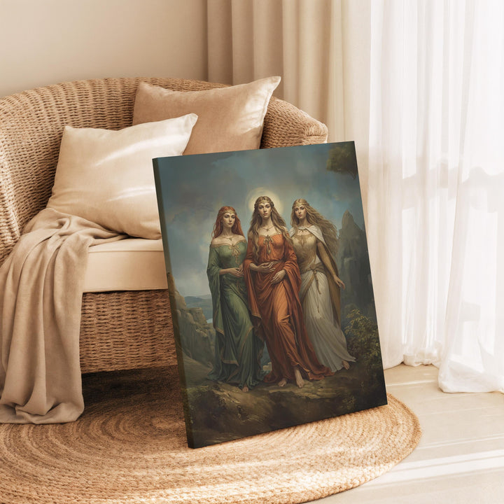 Celtic goddess wall art featuring three divine feminine figures inspired by Brigid, Morrigan, and Danu walking together in a glowing mythic landscape