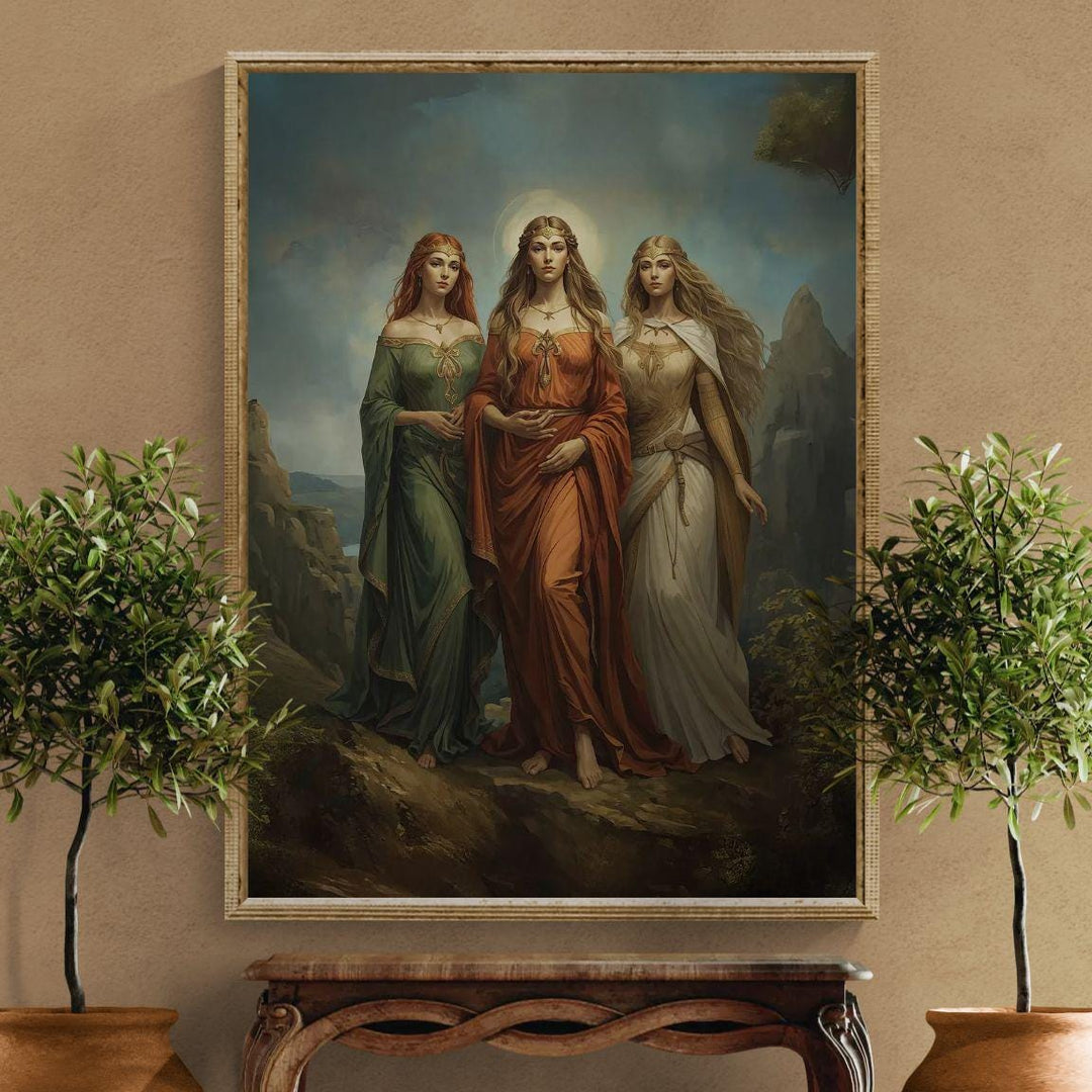 Celtic goddess wall art featuring three divine feminine figures inspired by Brigid, Morrigan, and Danu walking together in a glowing mythic landscape