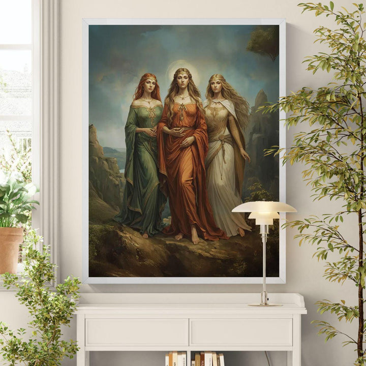 Celtic goddess wall art featuring three divine feminine figures inspired by Brigid, Morrigan, and Danu walking together in a glowing mythic landscape