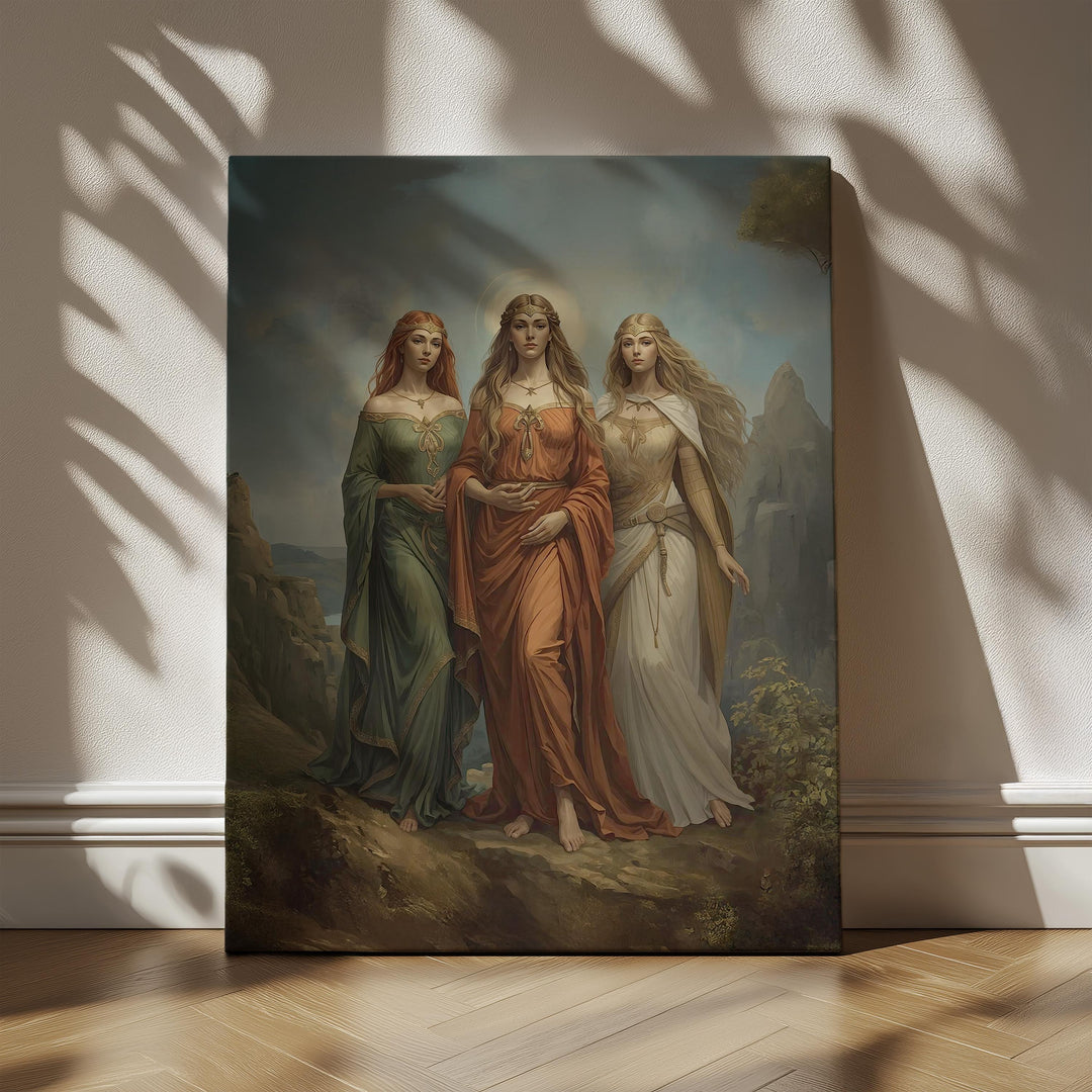 Celtic goddess wall art featuring three divine feminine figures inspired by Brigid, Morrigan, and Danu walking together in a glowing mythic landscape