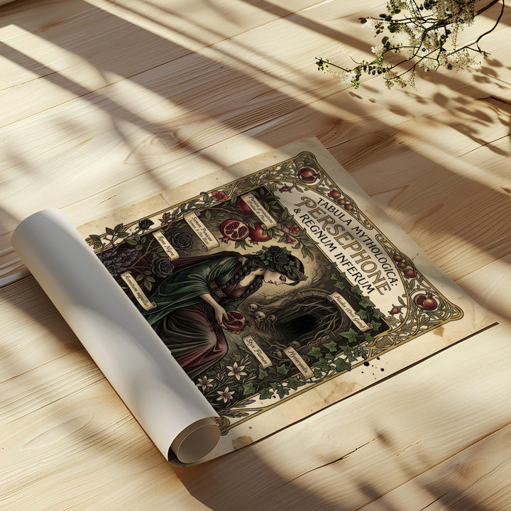 Dark academia Persephone mythology illustration designed like an antique botanical plate, featuring the Greek goddess holding a pomegranate surrounded by labeled gothic plants and an underworld entrance in vintage manuscript style.
