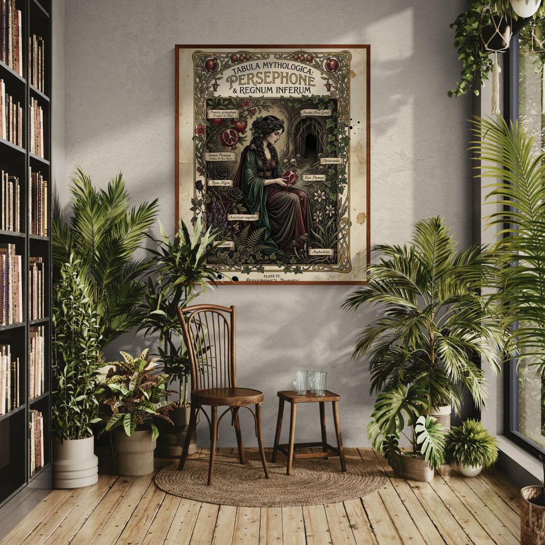 Dark academia Persephone mythology illustration designed like an antique botanical plate, featuring the Greek goddess holding a pomegranate surrounded by labeled gothic plants and an underworld entrance in vintage manuscript style.