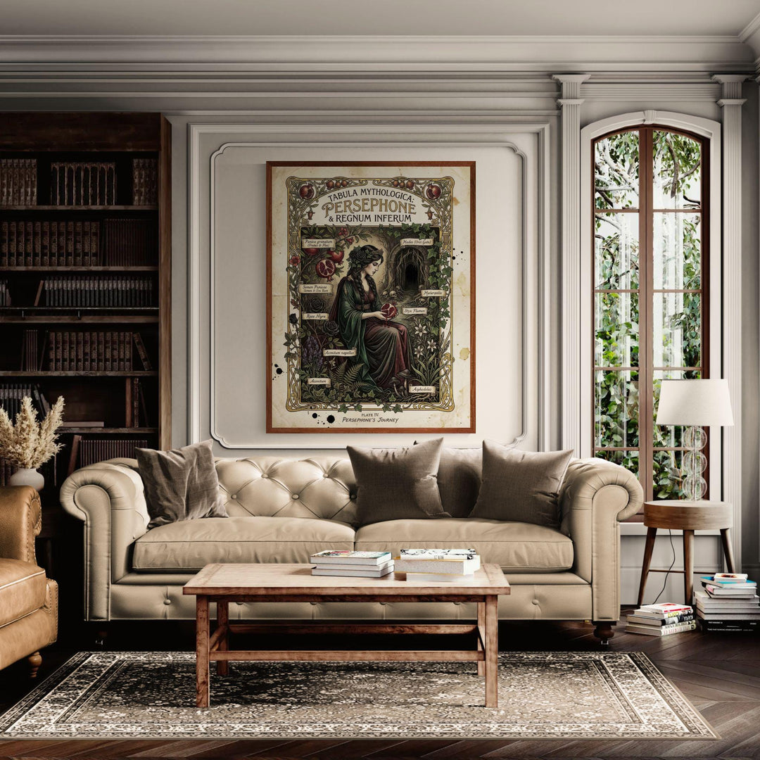 Dark academia Persephone mythology illustration designed like an antique botanical plate, featuring the Greek goddess holding a pomegranate surrounded by labeled gothic plants and an underworld entrance in vintage manuscript style.