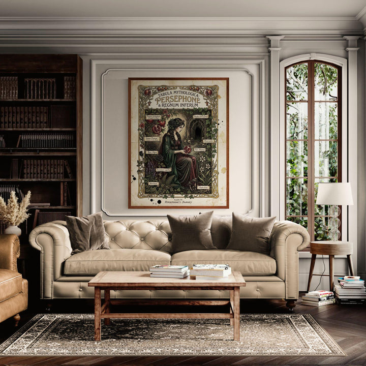 Dark academia Persephone mythology illustration designed like an antique botanical plate, featuring the Greek goddess holding a pomegranate surrounded by labeled gothic plants and an underworld entrance in vintage manuscript style.