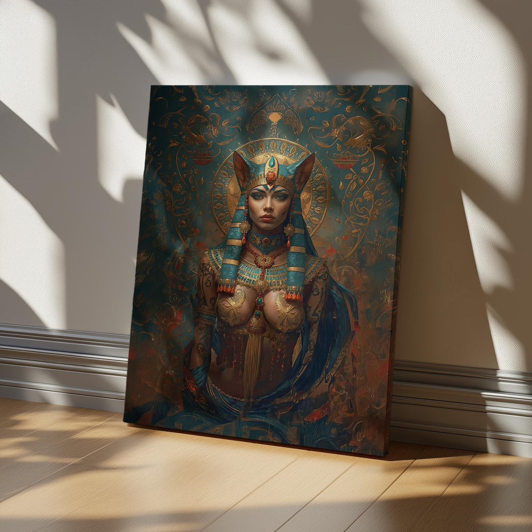 Detailed fantasy portrait of an Egyptian cat goddess inspired by Bastet, wearing elaborate turquoise and gold headdress, ornate jewelry, sacred halo, and intricate filigree background in deep teal and crimson tones.