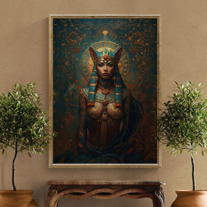 Detailed fantasy portrait of an Egyptian cat goddess inspired by Bastet, wearing elaborate turquoise and gold headdress, ornate jewelry, sacred halo, and intricate filigree background in deep teal and crimson tones.