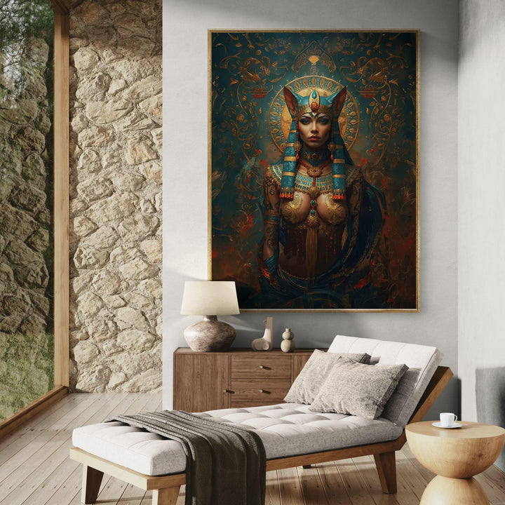 Detailed fantasy portrait of an Egyptian cat goddess inspired by Bastet, wearing elaborate turquoise and gold headdress, ornate jewelry, sacred halo, and intricate filigree background in deep teal and crimson tones.