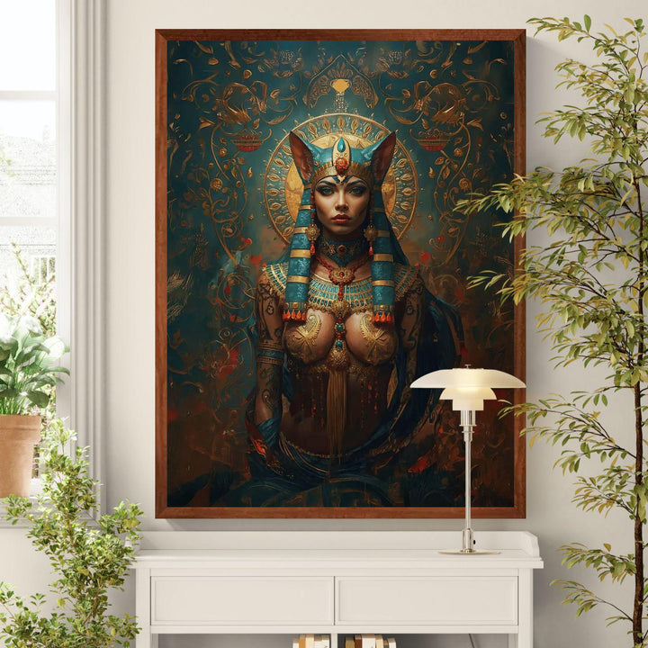 Detailed fantasy portrait of an Egyptian cat goddess inspired by Bastet, wearing elaborate turquoise and gold headdress, ornate jewelry, sacred halo, and intricate filigree background in deep teal and crimson tones.