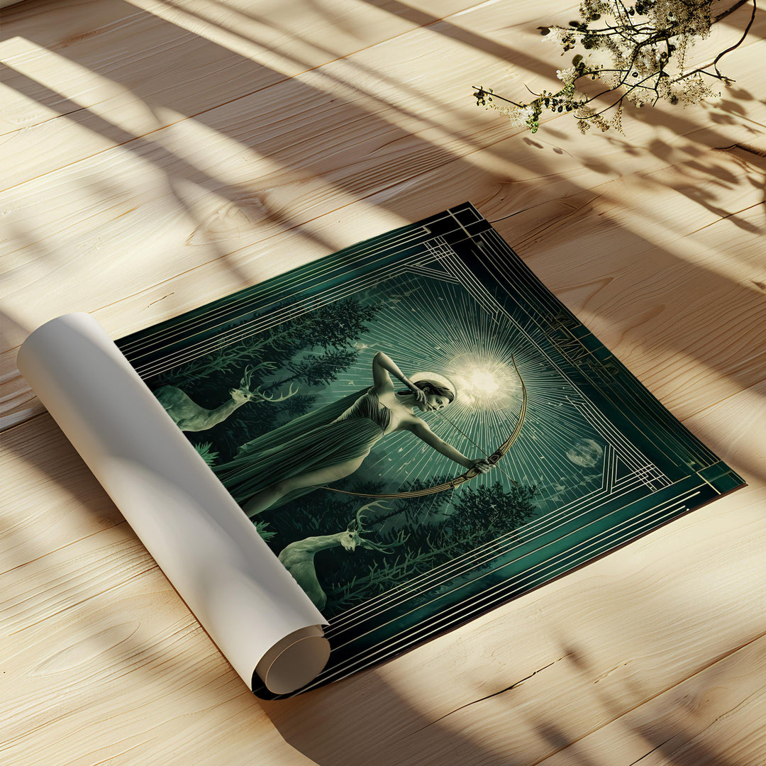 Artemis Huntress Goddess Art Print - Art Deco Greek Mythology Wall Decor with Sacred Deer
