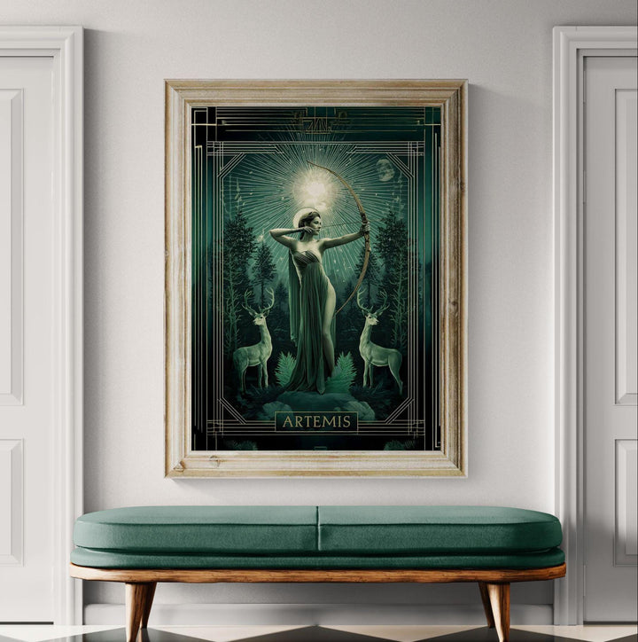Elegant Art Deco style depiction of the Greek huntress goddess Artemis drawing her bow beneath a radiant celestial halo, standing in a mystical forest with sacred deer guardians and moonlit atmosphere.