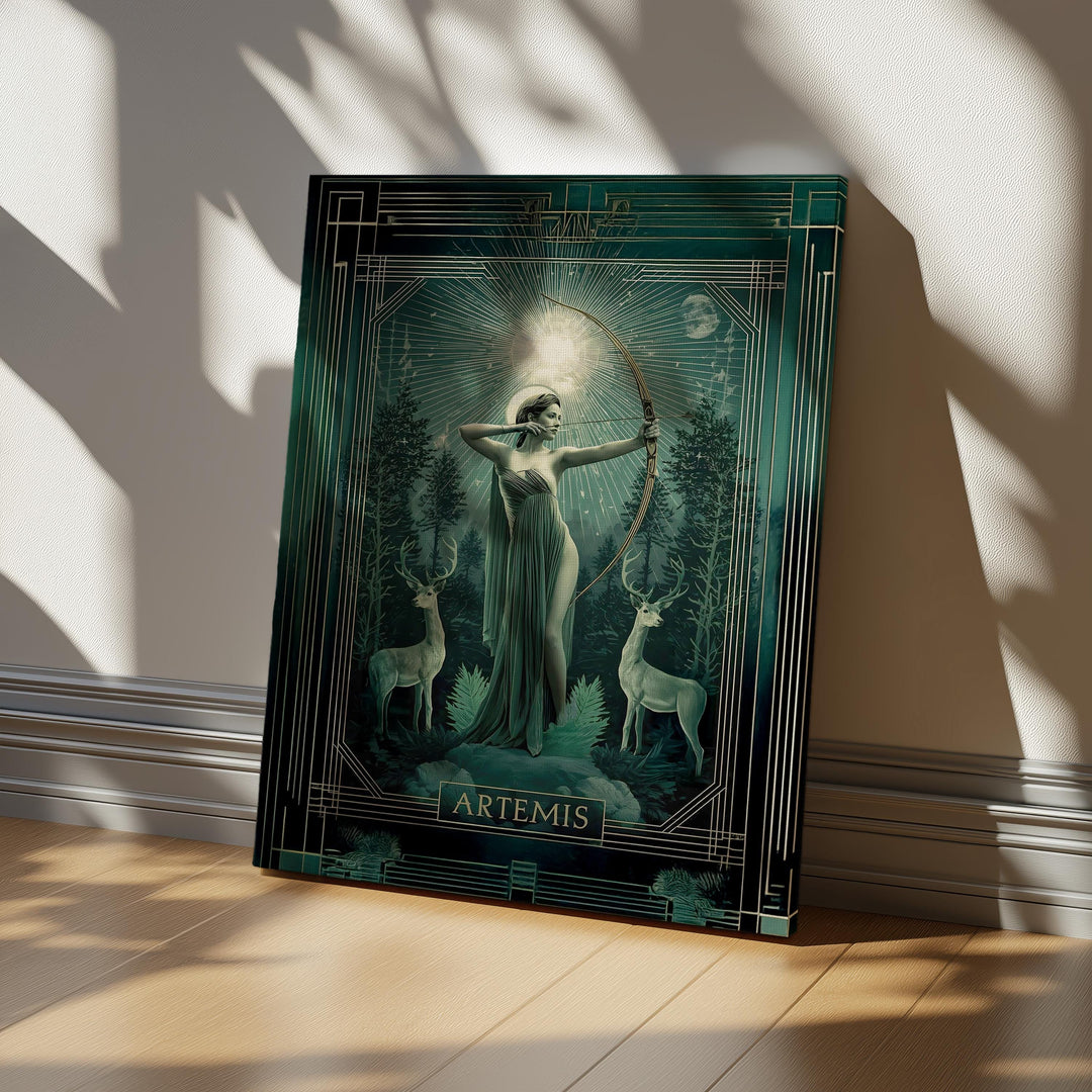 Elegant Art Deco style depiction of the Greek huntress goddess Artemis drawing her bow beneath a radiant celestial halo, standing in a mystical forest with sacred deer guardians and moonlit atmosphere.