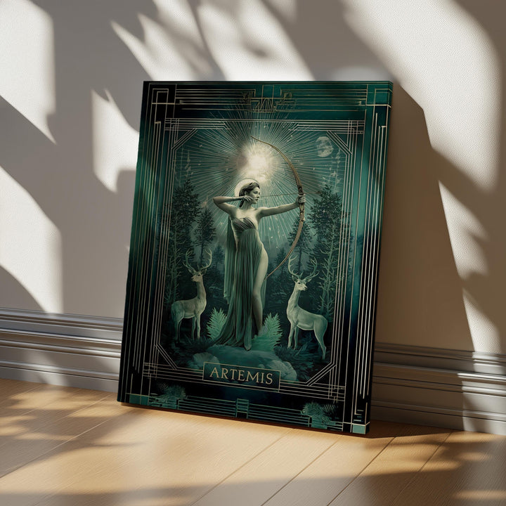 Elegant Art Deco style depiction of the Greek huntress goddess Artemis drawing her bow beneath a radiant celestial halo, standing in a mystical forest with sacred deer guardians and moonlit atmosphere.