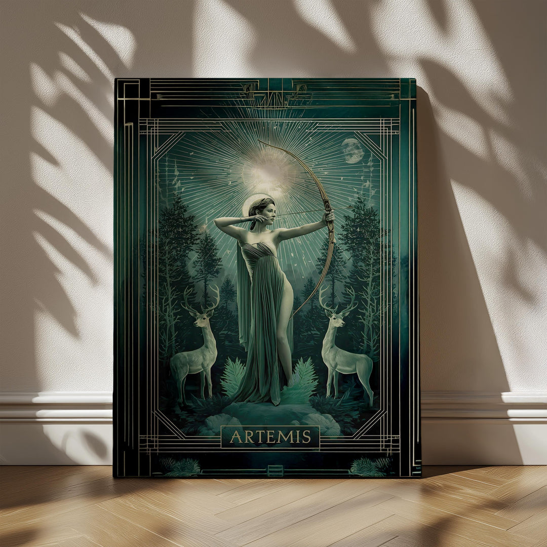 Elegant Art Deco style depiction of the Greek huntress goddess Artemis drawing her bow beneath a radiant celestial halo, standing in a mystical forest with sacred deer guardians and moonlit atmosphere.