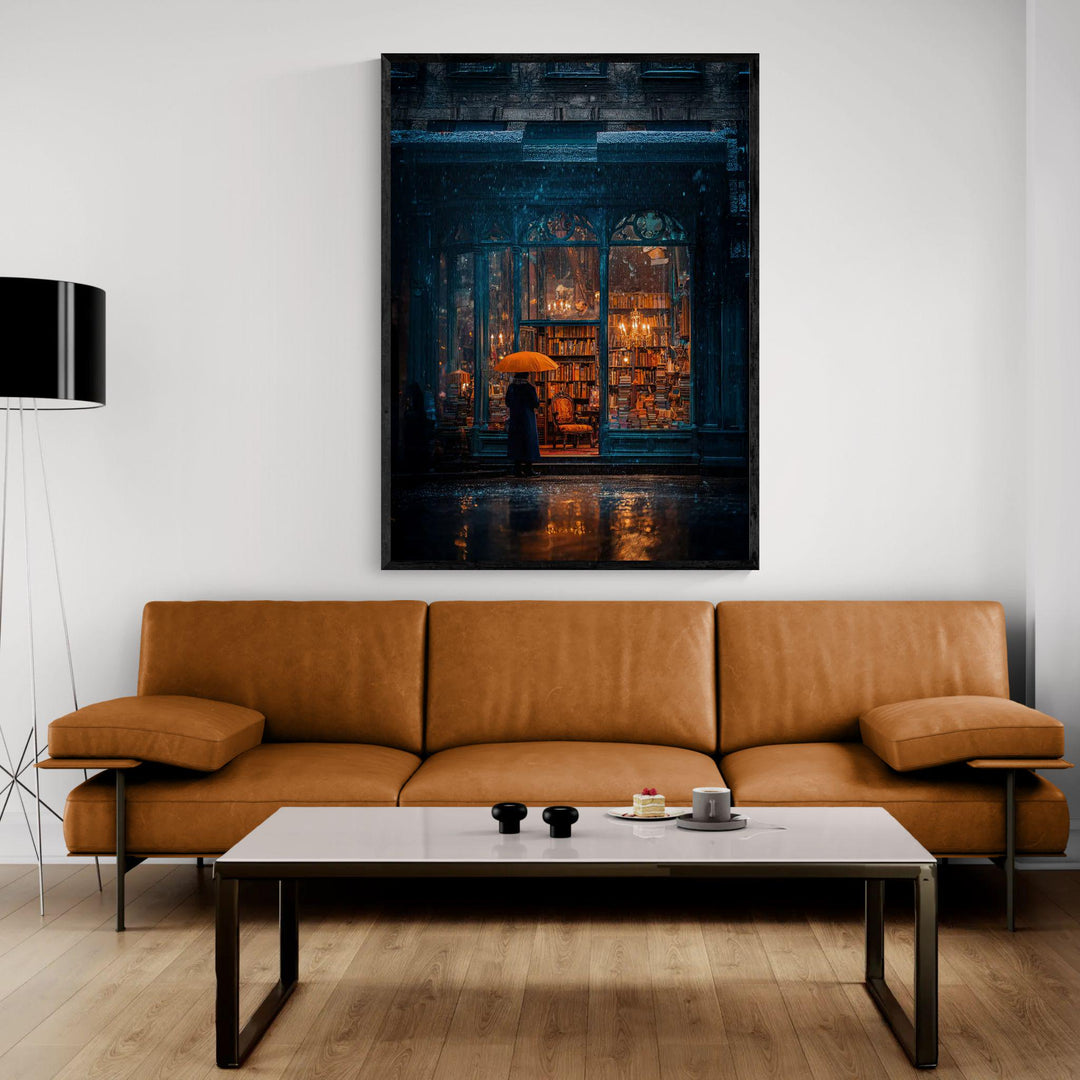 Atmospheric dark academia artwork depicting a rainy evening outside a vintage bookstore filled with candlelight and towering shelves of books, with a lone figure holding an orange umbrella standing on the wet street reflecting warm golden light.