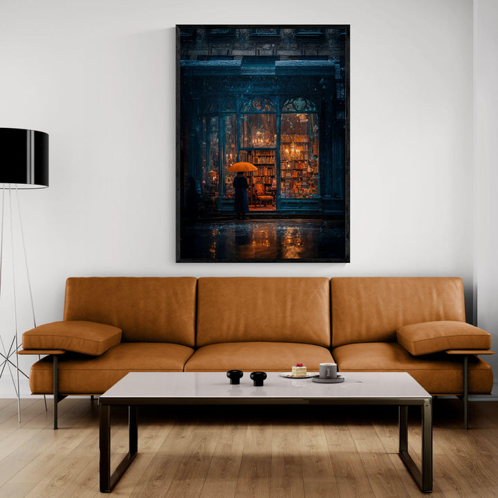 Atmospheric dark academia artwork depicting a rainy evening outside a vintage bookstore filled with candlelight and towering shelves of books, with a lone figure holding an orange umbrella standing on the wet street reflecting warm golden light.
