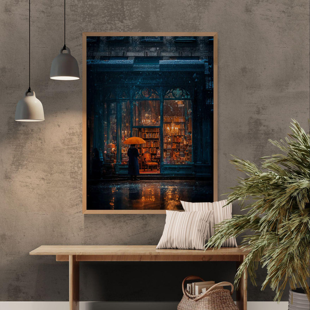 Atmospheric dark academia artwork depicting a rainy evening outside a vintage bookstore filled with candlelight and towering shelves of books, with a lone figure holding an orange umbrella standing on the wet street reflecting warm golden light.
