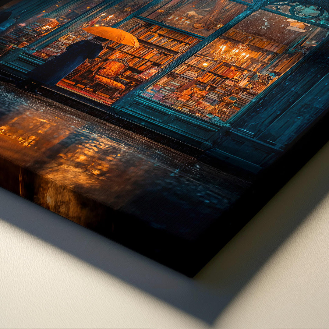 Dark Academia Bookshop Art – Rainy Night Library Canvas Print