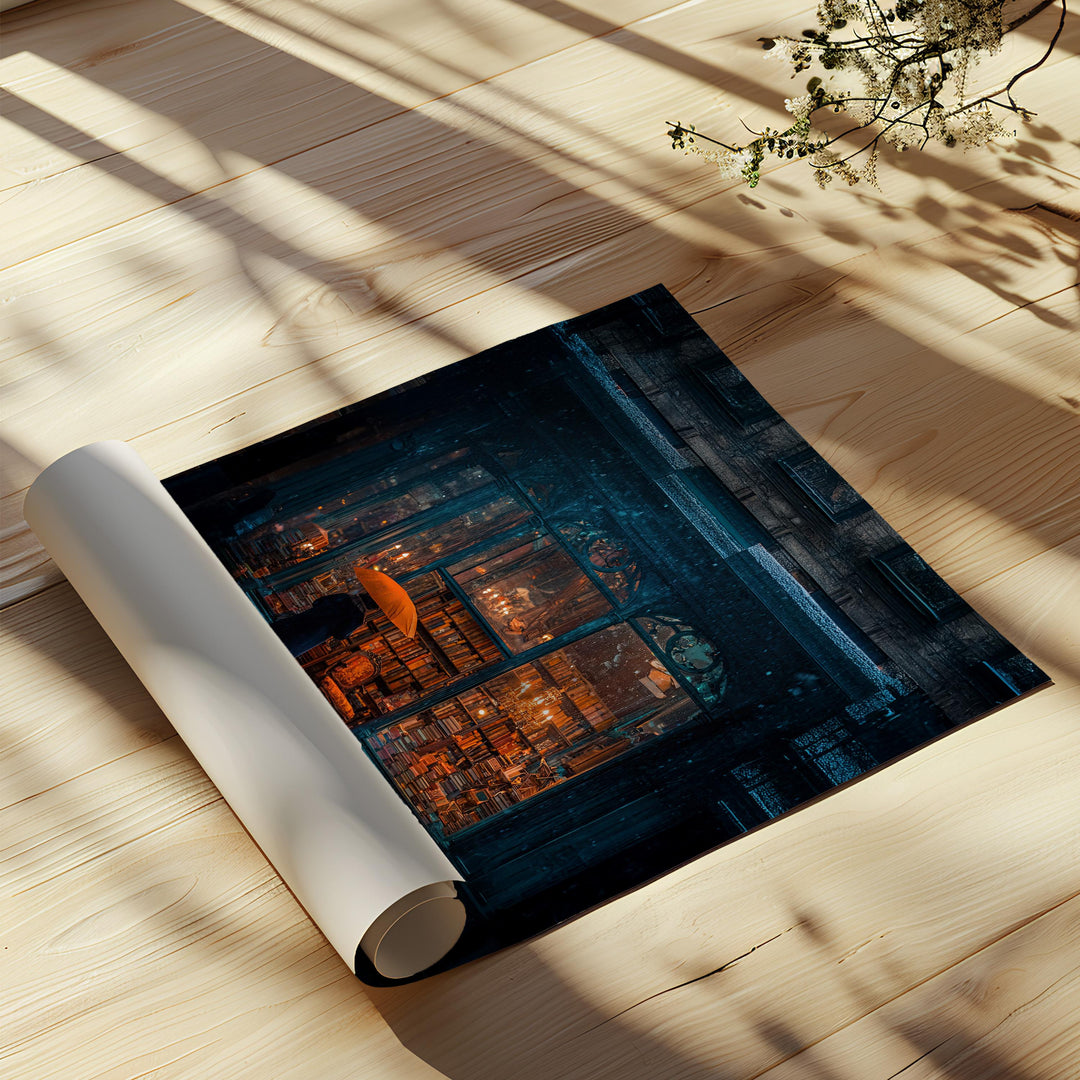 Dark Academia Bookshop Art – Rainy Night Library Canvas Print