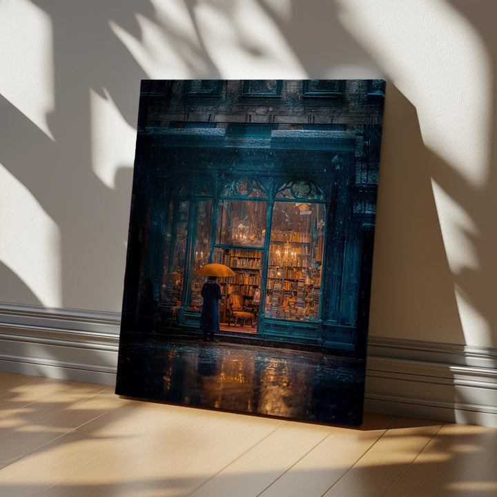 Atmospheric dark academia artwork depicting a rainy evening outside a vintage bookstore filled with candlelight and towering shelves of books, with a lone figure holding an orange umbrella standing on the wet street reflecting warm golden light.