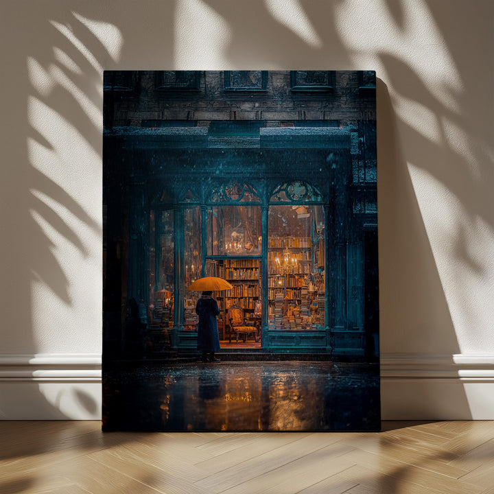 Atmospheric dark academia artwork depicting a rainy evening outside a vintage bookstore filled with candlelight and towering shelves of books, with a lone figure holding an orange umbrella standing on the wet street reflecting warm golden light.