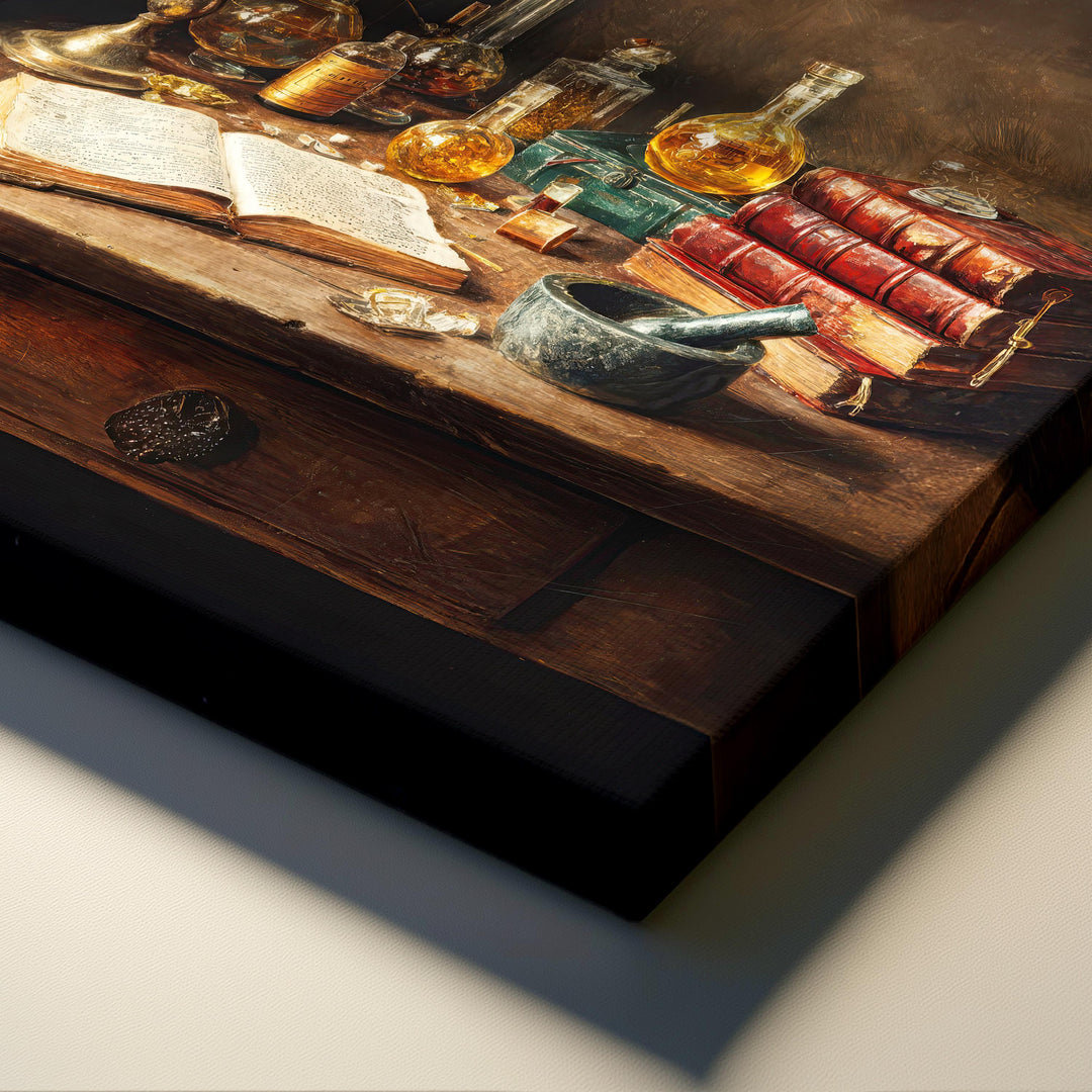 Victorian Alchemist Study Wall Art Canvas Print -  Dark Academia Laboratory Still Life