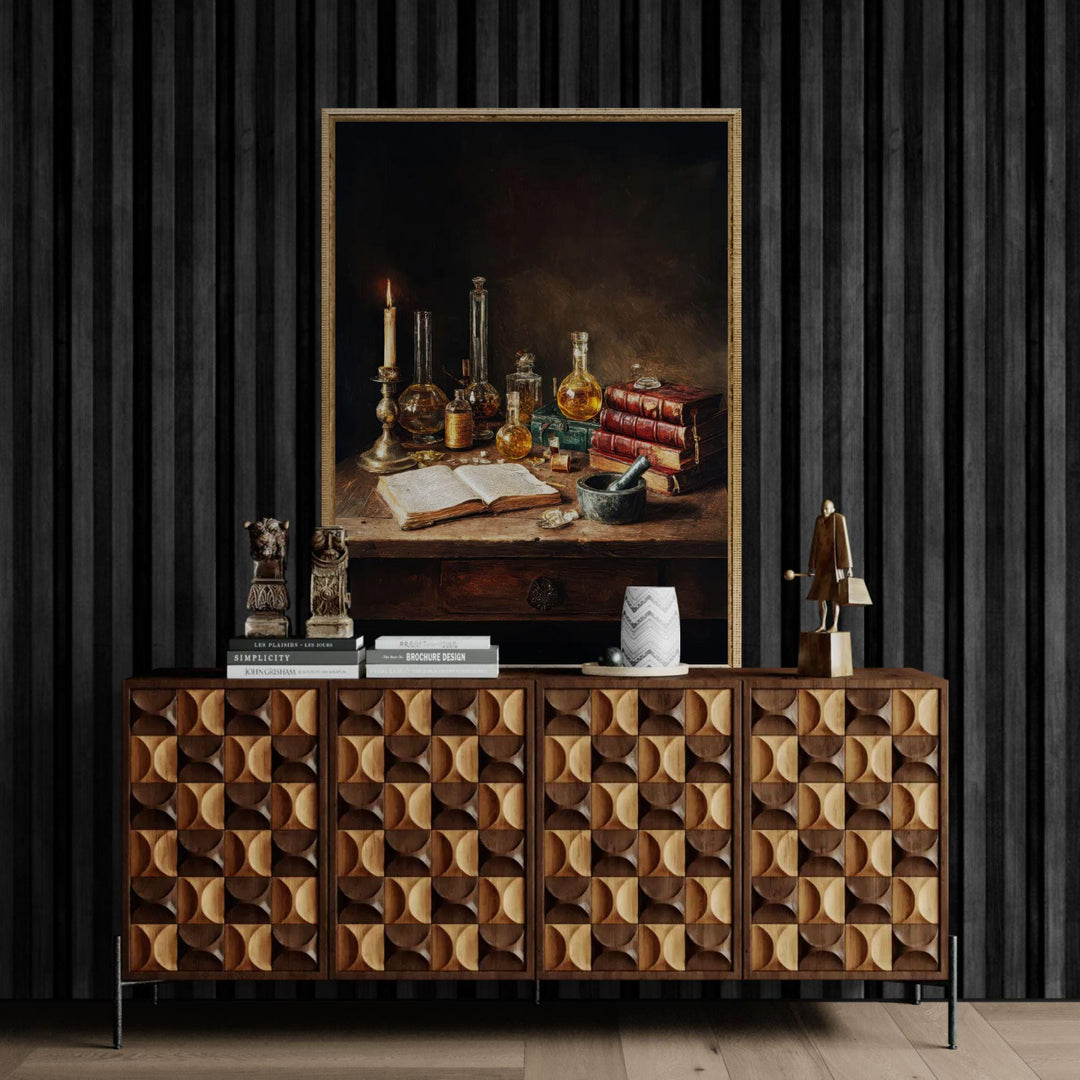 Dark academia artwork depicting a Victorian alchemist’s desk with candlelight, antique books, handwritten notes, and vintage laboratory glass bottles filled with golden liquids on a wooden table.