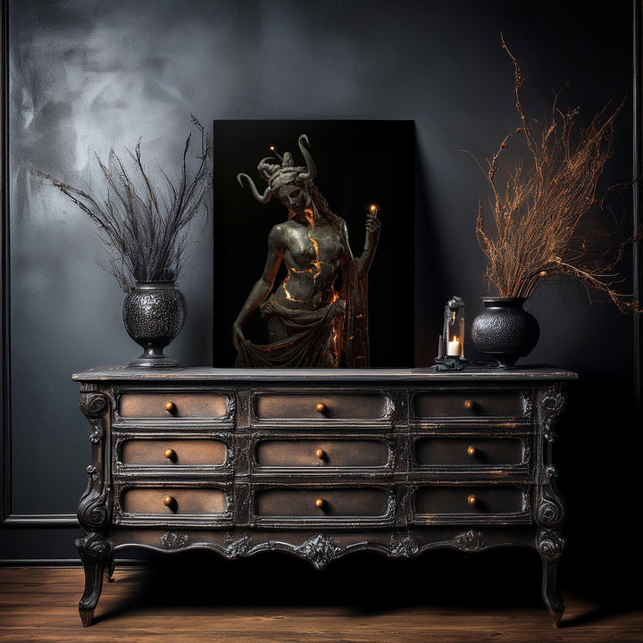 Mythological artwork depicting the Greek goddess Hecate as a dark statue with horns and glowing molten cracks across her stone body while holding candles in a dramatic gothic setting.