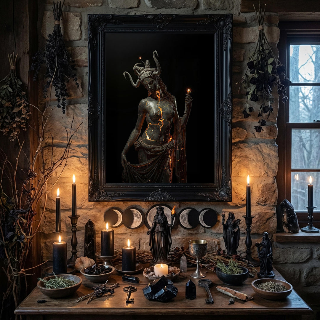Mythological artwork depicting the Greek goddess Hecate as a dark statue with horns and glowing molten cracks across her stone body while holding candles in a dramatic gothic setting.