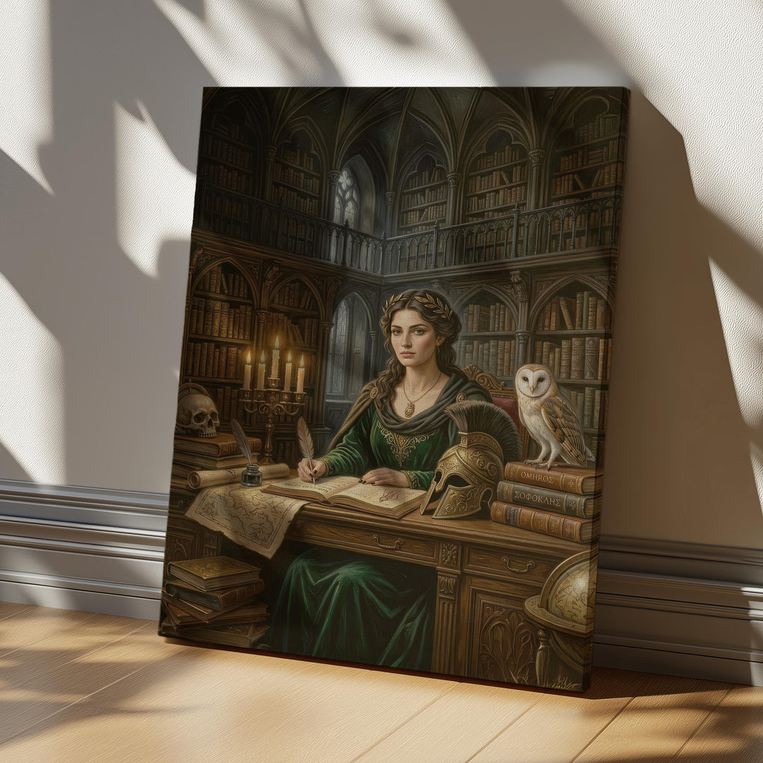 Dark academia artwork of the Greek goddess Athena writing in a gothic library filled with books, candles, maps, and an owl symbolizing wisdom.