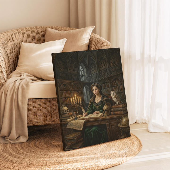 Dark academia artwork of the Greek goddess Athena writing in a gothic library filled with books, candles, maps, and an owl symbolizing wisdom.