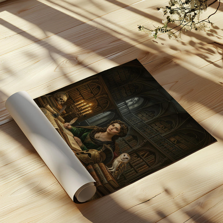 Athena Dark Academia Scholar Wall Art – Greek Goddess in Gothic Library Print