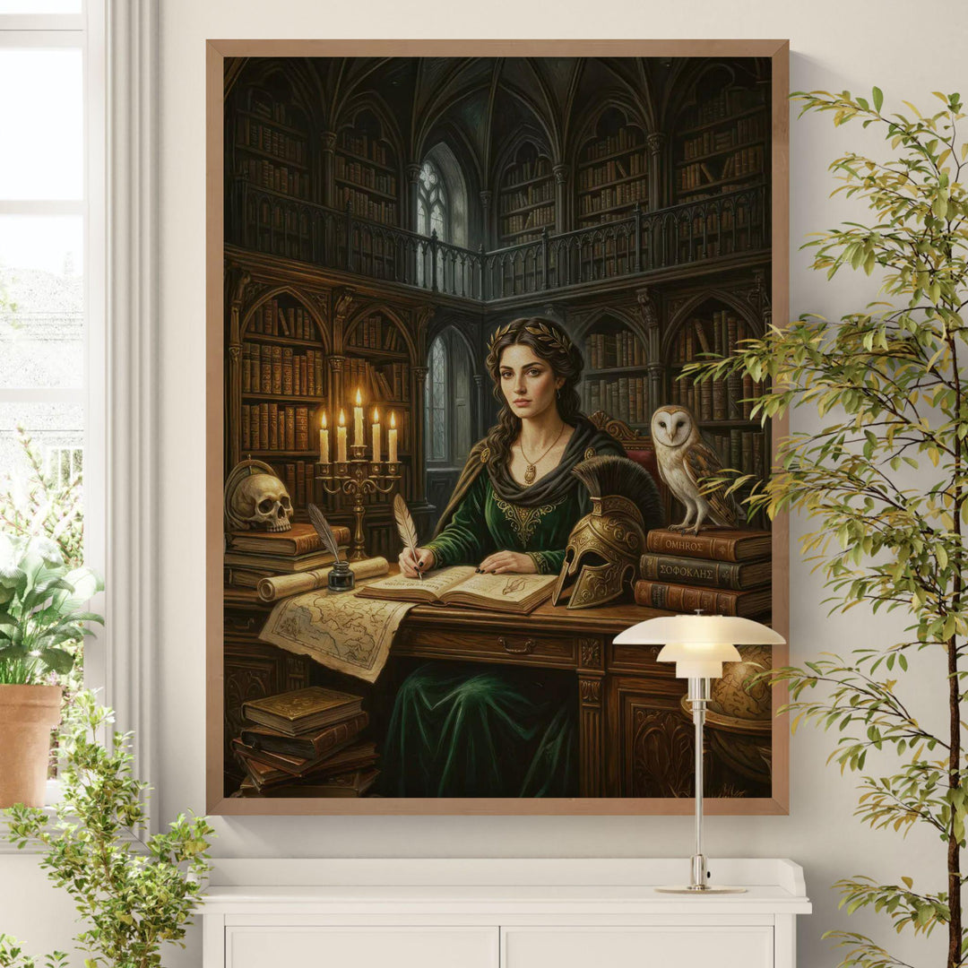 Dark academia artwork of the Greek goddess Athena writing in a gothic library filled with books, candles, maps, and an owl symbolizing wisdom.