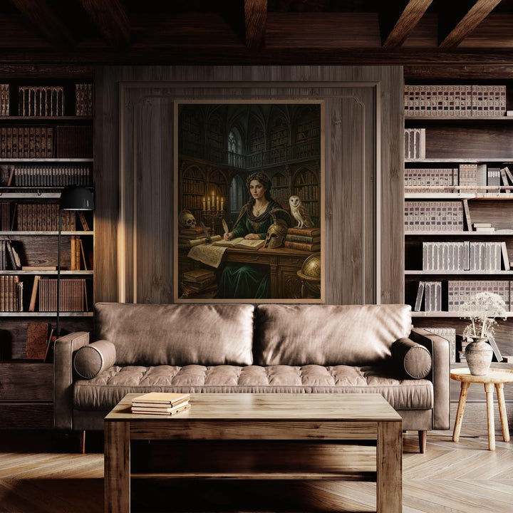 Dark academia artwork of the Greek goddess Athena writing in a gothic library filled with books, candles, maps, and an owl symbolizing wisdom.