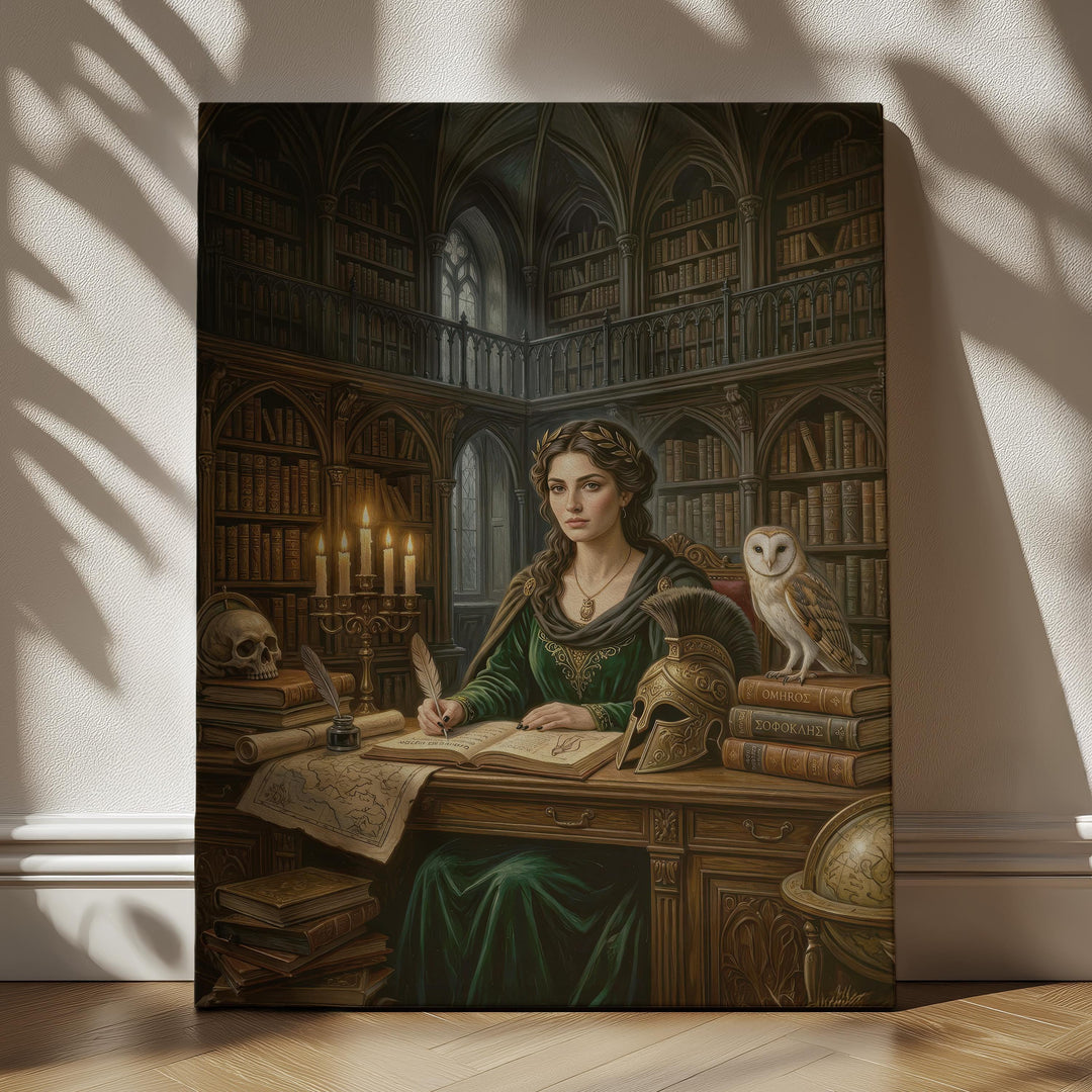 Dark academia artwork of the Greek goddess Athena writing in a gothic library filled with books, candles, maps, and an owl symbolizing wisdom.