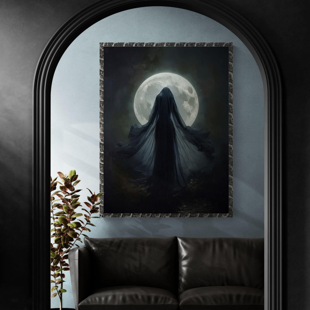 Dark fantasy illustration of a mysterious moon priestess draped in flowing veils standing before a radiant full moon, surrounded by deep shadows and mystical lunar atmosphere.