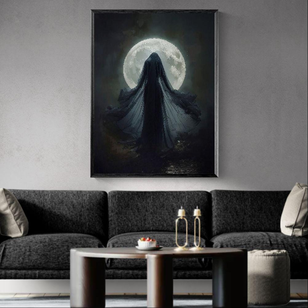 Dark fantasy illustration of a mysterious moon priestess draped in flowing veils standing before a radiant full moon, surrounded by deep shadows and mystical lunar atmosphere.