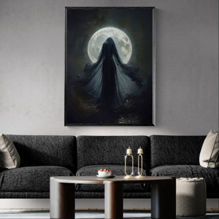 Dark fantasy illustration of a mysterious moon priestess draped in flowing veils standing before a radiant full moon, surrounded by deep shadows and mystical lunar atmosphere.