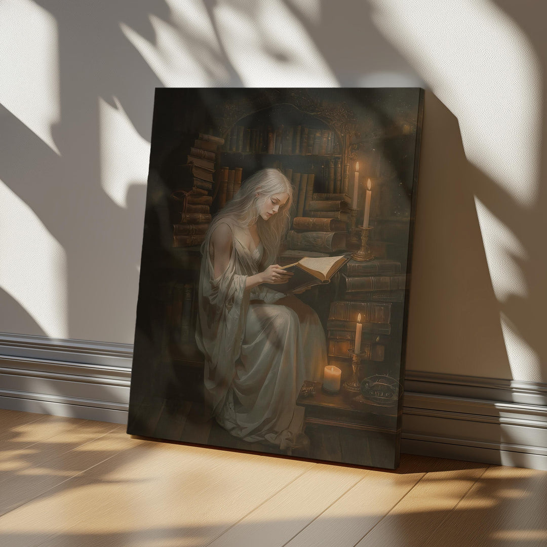 Atmospheric dark academia artwork of a scholar reading an ancient book in a candlelit library surrounded by towering shelves of old books and warm golden light.