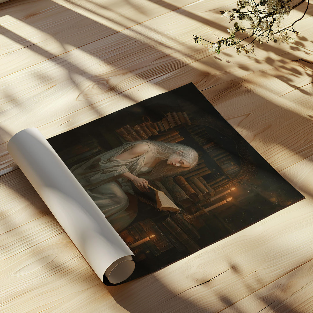 Dark Academia Library Art Print -  Candlelit Scholar Reading Fantasy Decor
