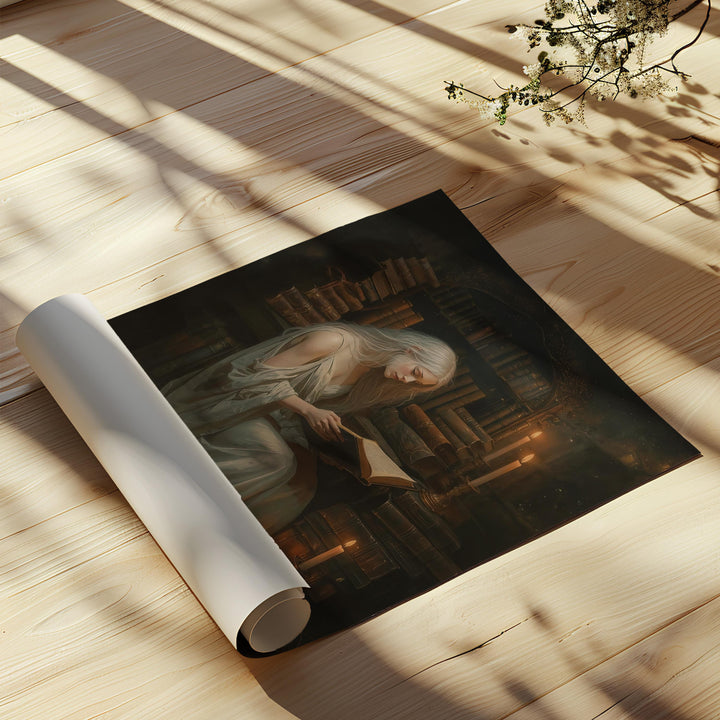 Dark Academia Library Art Print -  Candlelit Scholar Reading Fantasy Decor