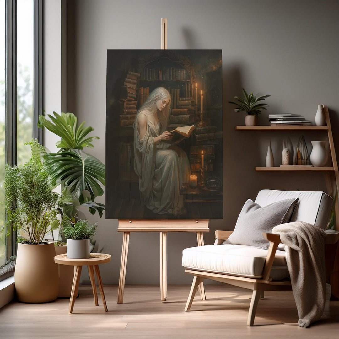 Atmospheric dark academia artwork of a scholar reading an ancient book in a candlelit library surrounded by towering shelves of old books and warm golden light.