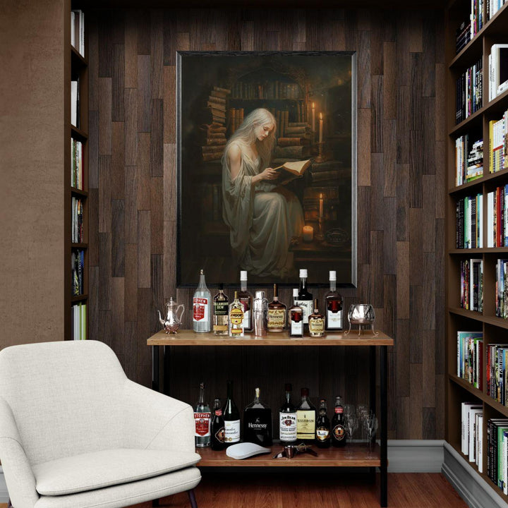 Atmospheric dark academia artwork of a scholar reading an ancient book in a candlelit library surrounded by towering shelves of old books and warm golden light.