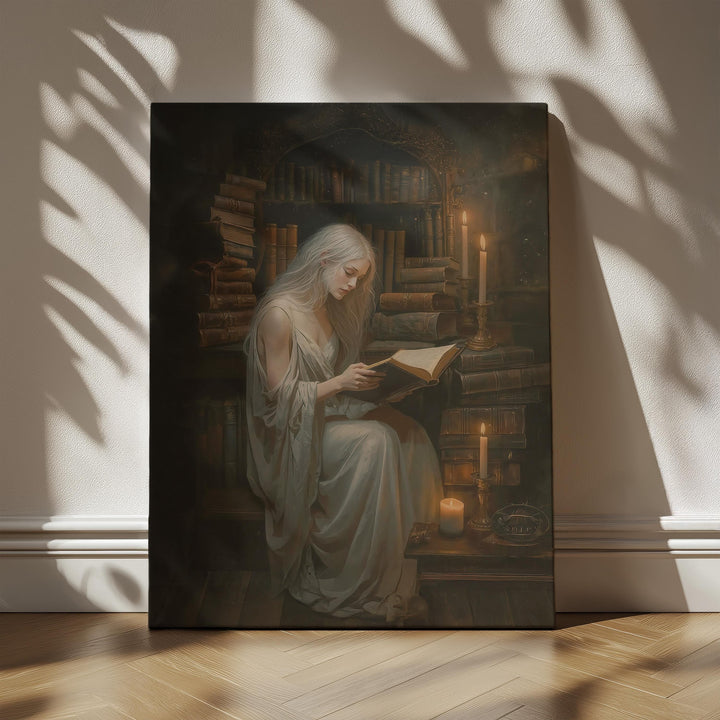 Atmospheric dark academia artwork of a scholar reading an ancient book in a candlelit library surrounded by towering shelves of old books and warm golden light.