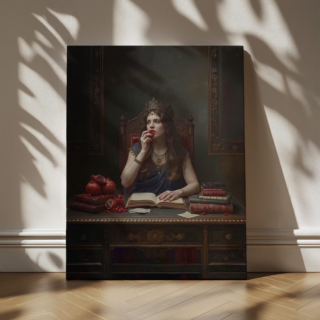 Moody dark academia painting of Persephone wearing a crown while reading at a desk surrounded by books and pomegranates.