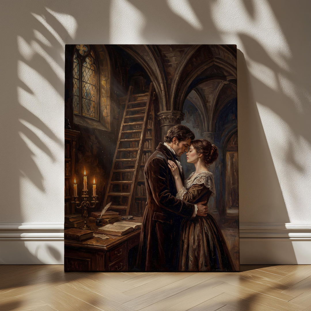 Dark academia style painting of a Victorian couple embracing in a candlelit gothic library filled with books, ladders, and gothic architecture.