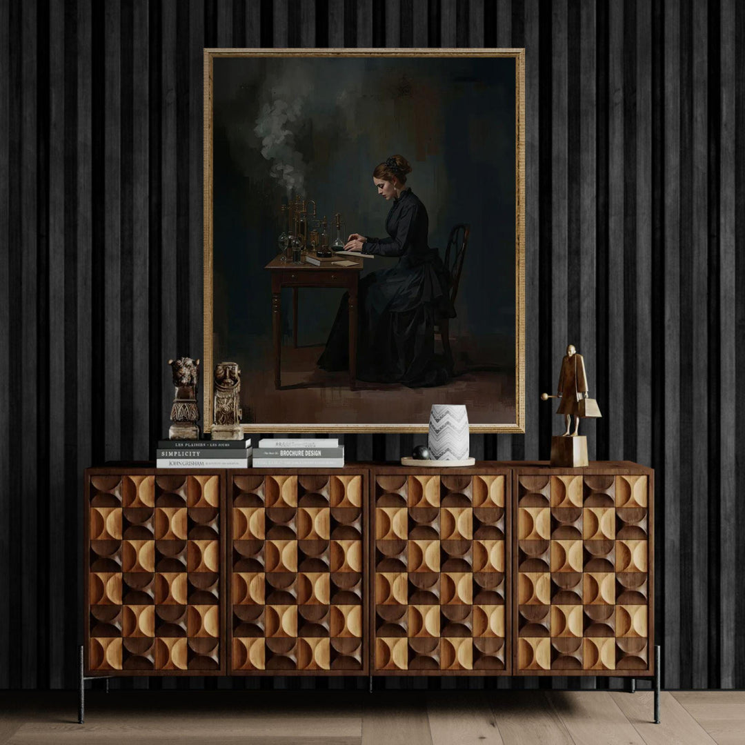 Victorian era scientist seated at a desk with antique laboratory glassware and notes in a dark academia style painting.