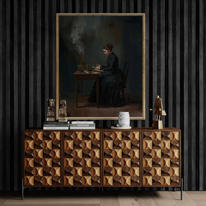 Victorian era scientist seated at a desk with antique laboratory glassware and notes in a dark academia style painting.