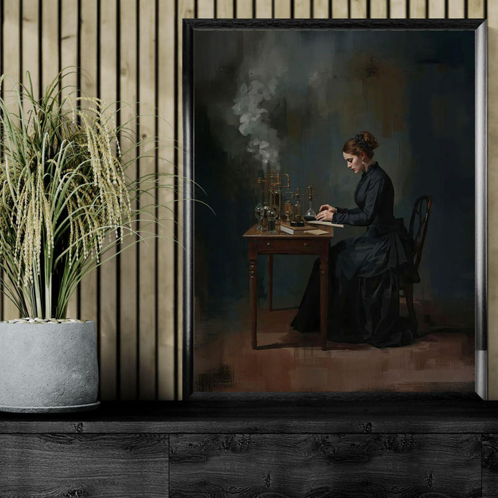 Victorian era scientist seated at a desk with antique laboratory glassware and notes in a dark academia style painting.