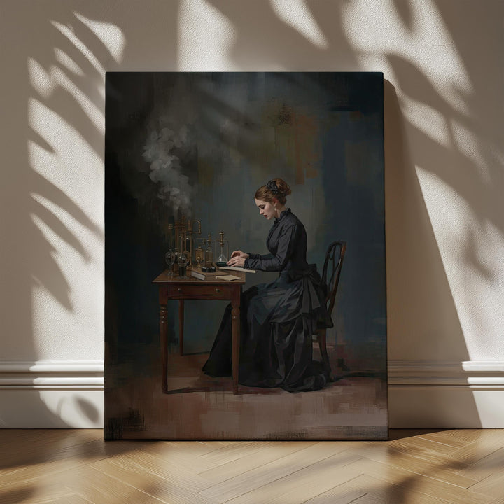 Victorian era scientist seated at a desk with antique laboratory glassware and notes in a dark academia style painting.