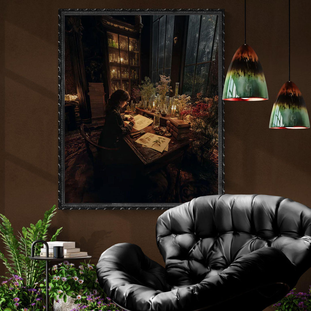 Dark academia painting of a scholar studying botanical drawings surrounded by herbs and glass bottles.